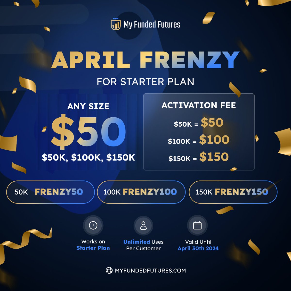 🚨ENDS TONIGHT🚨 

All @MyFundedFutures starter plans  just $50 this month regardless of size! This makes MFFU one of the cheapest options out there. Highly recommend this deal

bit.ly/motmffu
Codes: FRENZY50 FRENZY100 FRENZY150

#futures #propfirm #propfirms