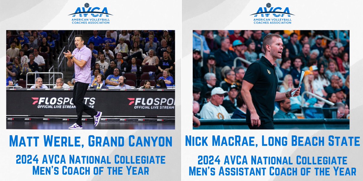 The AVCA is proud to name Matt Werle of @GCU_MVolleyball as the 2024 National Collegiate Coach of the Year and Nick MacRae of @LBSUMVB as its Assistant Coach of the Year. Release: avca.org/award/avca-nat… #WeAreAVCA #NCAAMVB