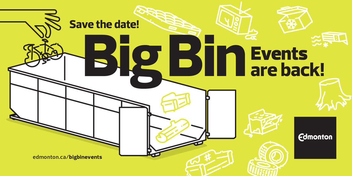 Save the date! Visit us at a free Big Bin or Eco Station event this year. Dispose of old electronics, appliances and large items for free! Events are held from May to September starting this upcoming weekend. Info at edmonton.ca/BigBinEvents and edmonton.ca/EcoStations. #YegWaste