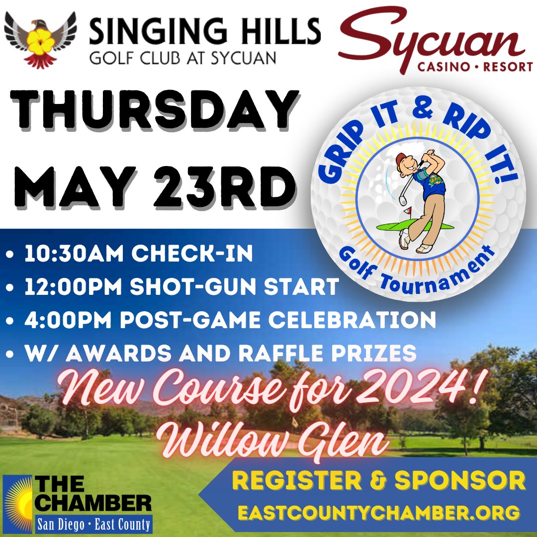 The #SDECCC #GripItand#RipIt #GolfTournament is fast approaching and we're looking for #holesponsors and #players. Details: business.eastcountychamber.org/events/details…