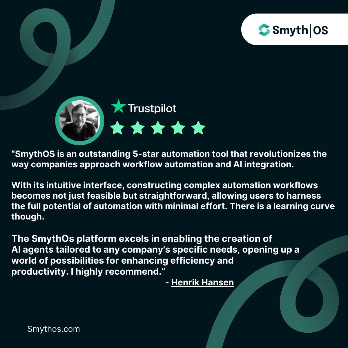 SmythOS review of the day!

Thank you Henrik Hansen.
Source: @Trustpilot

#Review #AIAutomation #SmythOS #APIs #EmergingTechnology #Nocode #AI