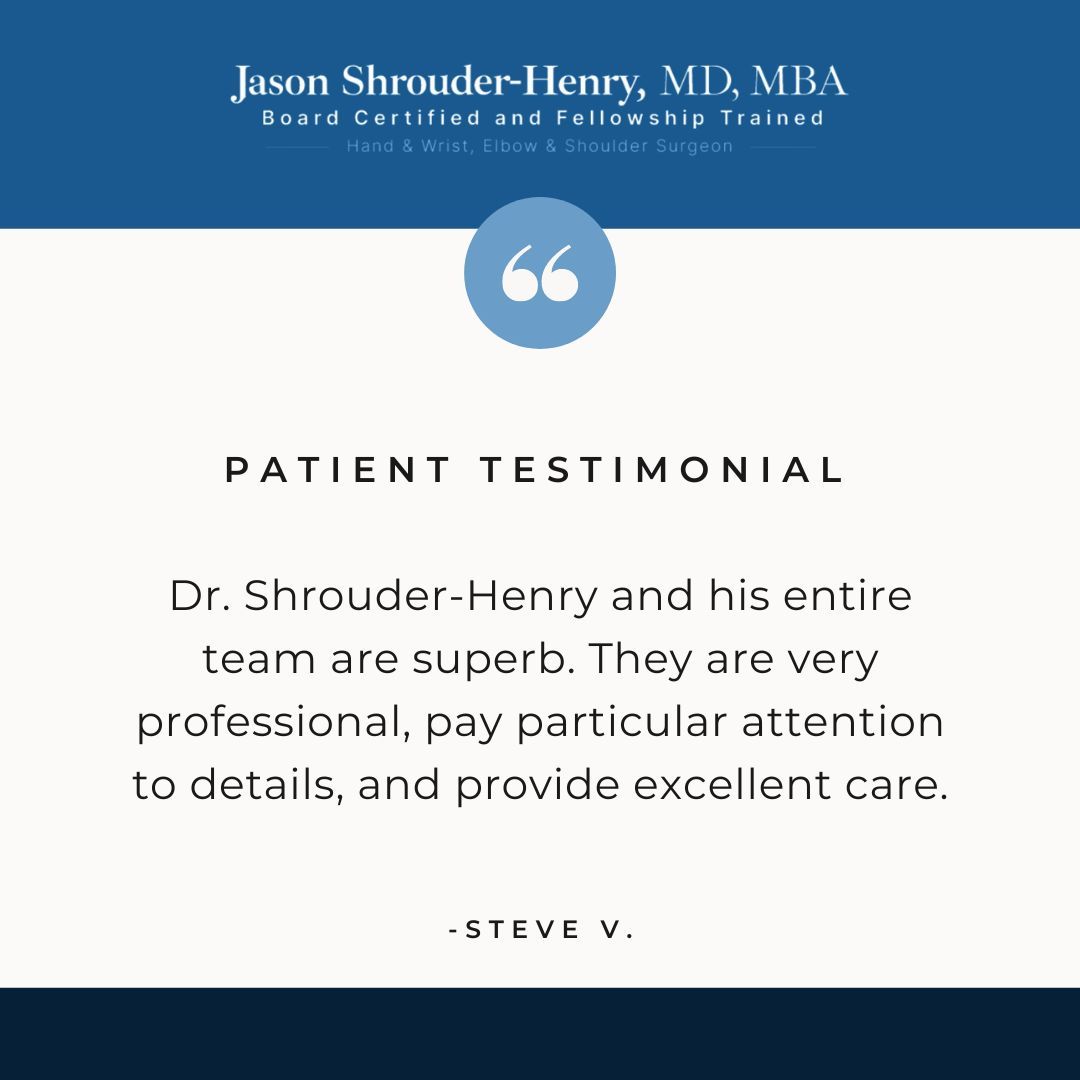 Steve, thank you for your nice review! #DrJasonShrouderHenry #handandwristsurgeon #shoulderandelbowsurgeon #orthopedicsurgeon #patienttestimonial #testimonialtuesday