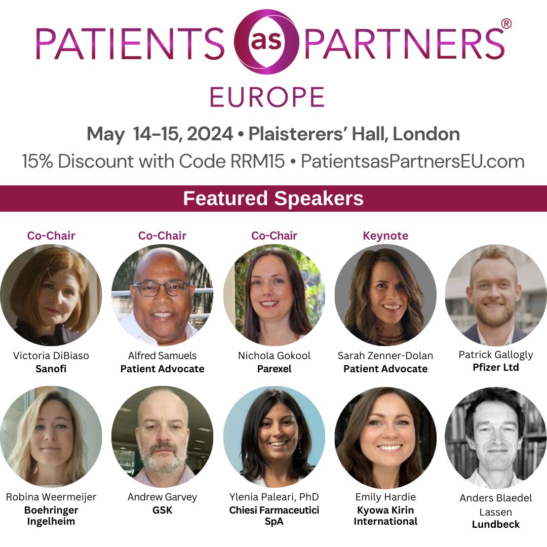 Patients as Partners® EU offers the opportunity to hear from pharma and patient advocacy on how patient involvement gets done to drive efficiencies in clinical research. May 14-15 2024, Plaisterers' Hall, London. Use code RRM15 for a 15% discount. Visit patientsaspartnerseu.com