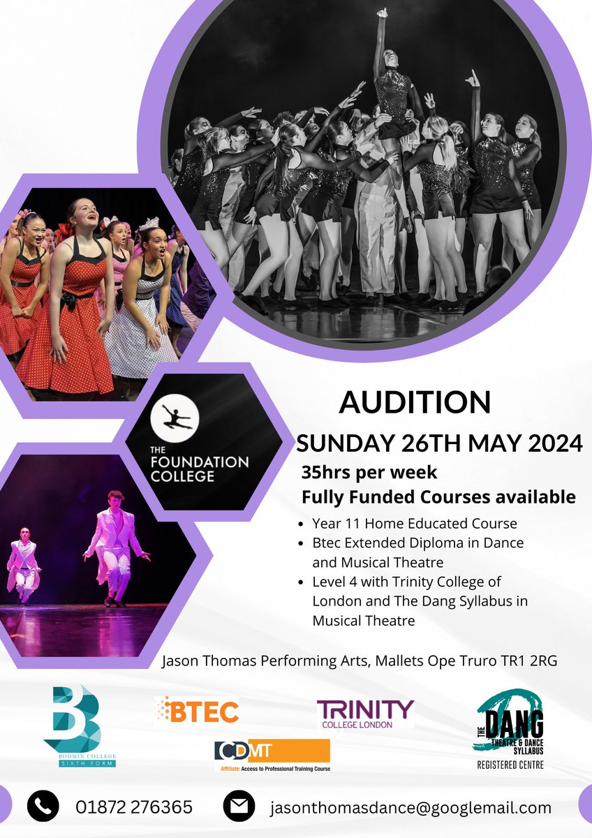 Jason Thomas Performing Arts are now taking applications for their next audition for their BTEC course! Audition: Sun 26 May For more info and to apply 👉 ow.ly/V4XW50Rpc66 Contact number: 01872 276365 Contact email: jasonthomasdance@googlemail.com