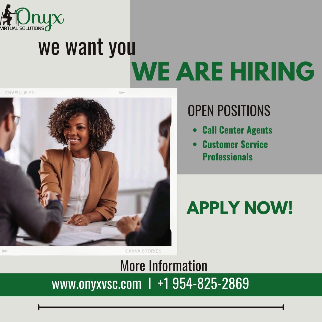 Onyx is currently seeking skilled and dedicated individuals to join our team as call center agents and customer service professionals. 

#HiringCallCenterAgents
#CallCenterExpertsWanted
#BeTheVoiceOfOurCompany
#PeopleFirstCustomerService
#CareerInCustomerService