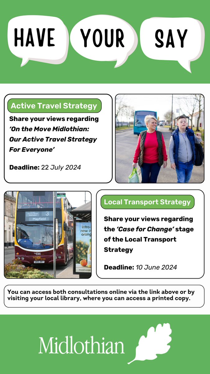 ✨📢HAVE YOUR SAY on the future of Active Travel and Local Transport in Midlothian NOW 📢✨ 🚶👨‍🦽 Active Travel - Deadline ➡️ 22 July 2024 🚂🚌Local Transport - Deadline ➡️ 10 June 2024 📝Ready to fill out both surveys? Follow the link here: midlothian.gov.uk/travel