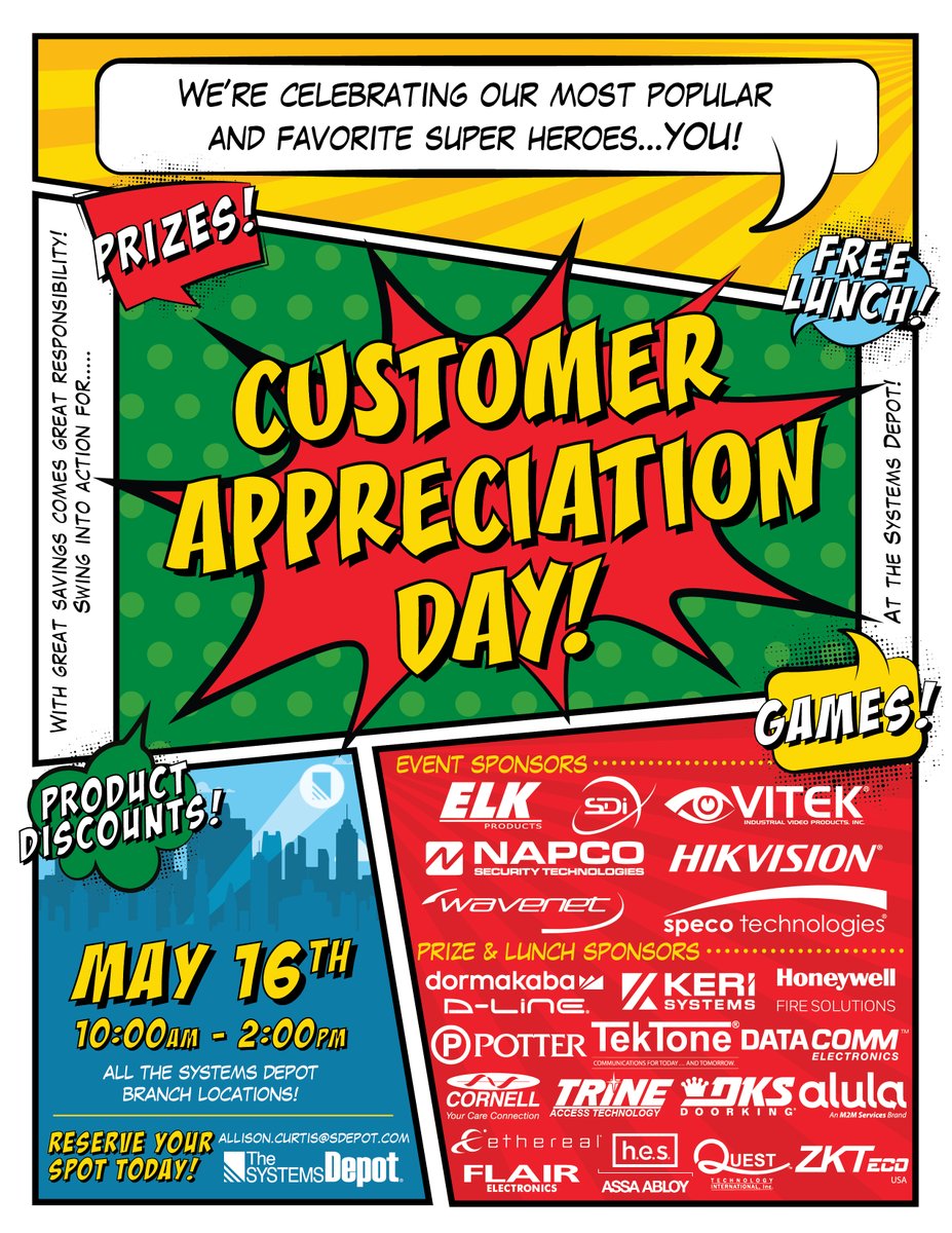 TheSystemsDepot's tweet photo. ⚡️🦸🏽♂️ Customer Appreciation Day 2024! 🦸🏽♂️⚡️
Join us for a heroic celebration at our Customer Appreciation Day on May 16th, 10:00am - 2:00pm, across all The Systems Depot branches!
Reserve your spot today!
allison@sdepot.com | 877.254.2172 https://t.co/yn5MAkYxCf
