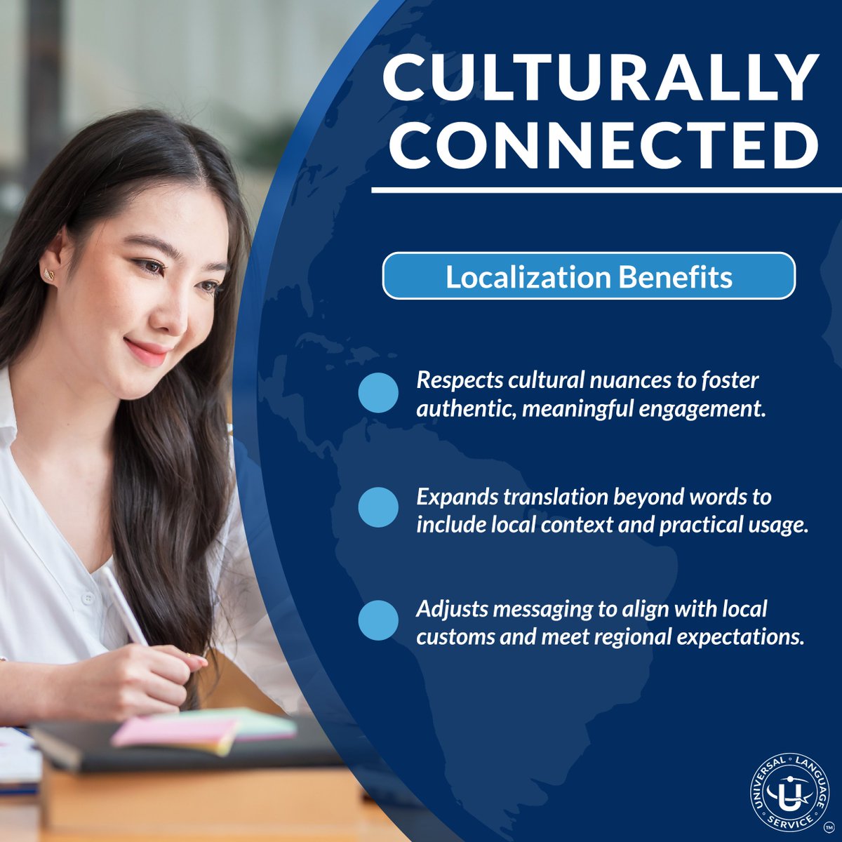 Dive into the heart of every culture with localization that respects nuances and fosters genuine engagement. At UniversalLanguage, we’re proud to offer expert localization services that ensure your voice is truly global. 🔗 universallanguageservice.com #Interpreting #Localization
