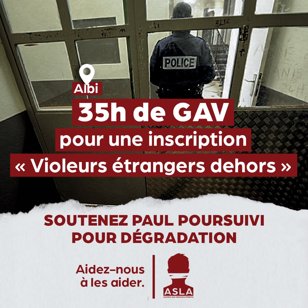 ⚠️ Après plus de 35 heures en détention, Paul, 20 ans, a été libéré hier soir. 

Son message lors du marathon d'Albi, « Violeurs étrangers dehors », n'a pas été jugé raciste ou xénophobe, grâce à l'intervention de nos avocats de l'ASLA.

➡️ L'affaire prend un tournant politique…