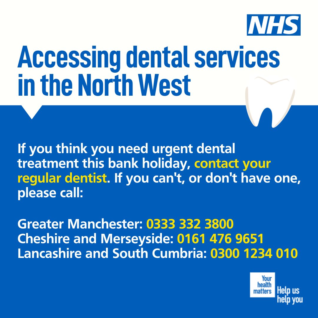 If you need urgent dental treatment over this bank holiday weekend, contact your usual dentist. If you cannot contact your dentist, you can call or use NHS 111 online➡️ 111.nhs.uk Or contact the Cheshire & Merseyside urgent dental care helpline on 0161 476 9651 🦷