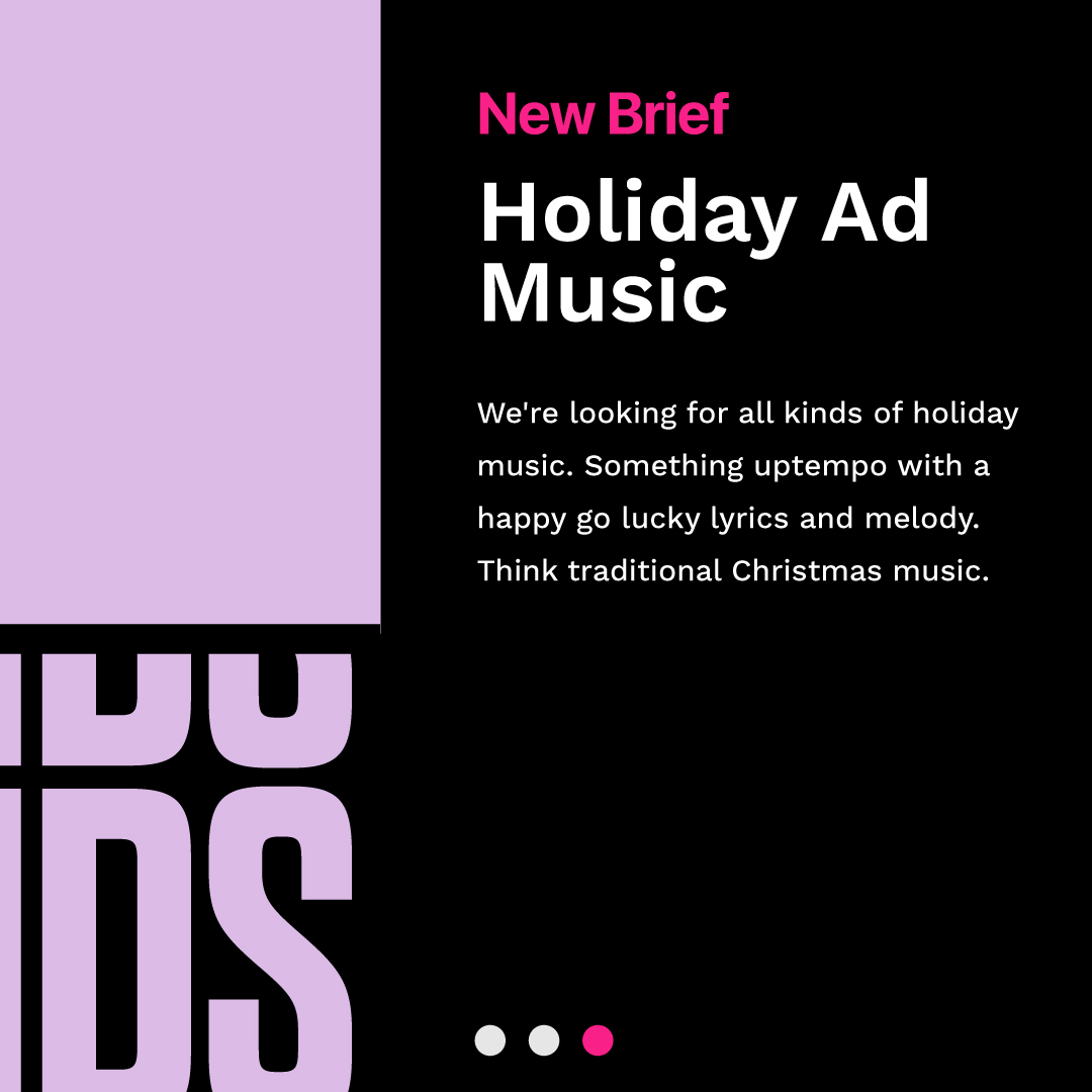 🙌NEW BRIEF 🙌

We're looking for all kinds of holiday music. ☃️

Including:

Uptempo with a happy go lucky lyrics and melody
Traditional Christmas music 🎅

DEADLINE ⏰Sun June 30th
SUBMIT HERE👉bit.ly/3Qlh4AI