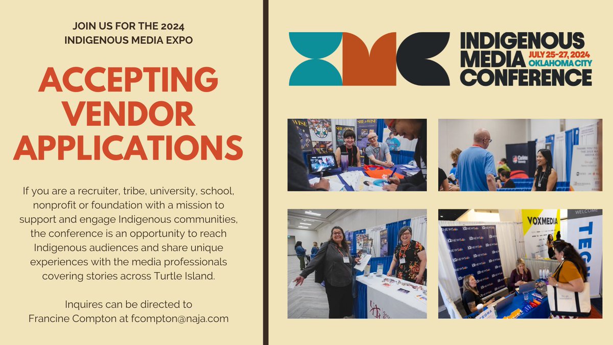 📣 <a href="/IndigenousJA/">Indigenous Journalists Association</a> is accepting vendor applications for the Indigenous Media Expo at the 2024 Indigenous Media Conference! Early-bird registration deadline is 5/1. Secure your spot today! - tinyurl.com/mr3p9pw9