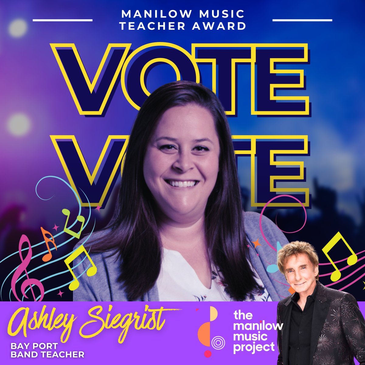 Drumroll please… @bayporths Band Teacher Ashley Siegrist is nominated for the Manilow Music Teacher Award! 🤩 The winner gets $5,000 in cash & a $5,000 credit that can be used to buy instruments for @BayPortBand. Vote daily until June 15! ow.ly/ijll50Rr7H2 Please share!