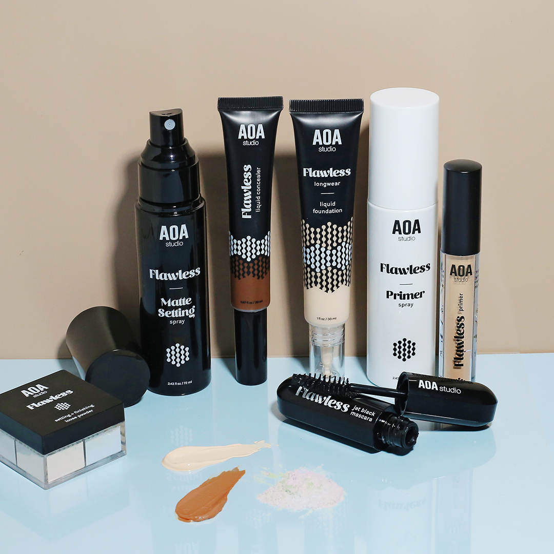 The full #Flawless collection in all of it's glory. 💫
Now available, the new #Flawless Eye Primer! 

#AOAStudios #ShopMissA #SettingSpray #EyePrimer #Mascara #SettingPowder #Foundation