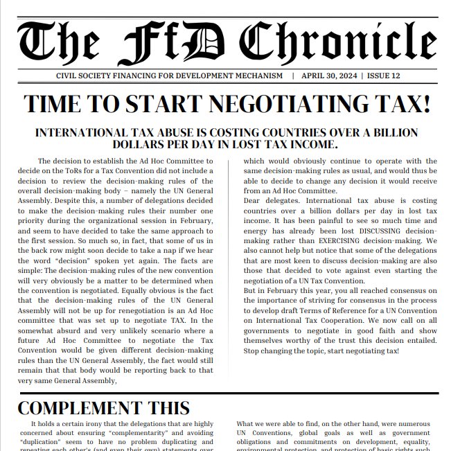 🚨 New Issue Alert! 📰 Issue 12 of the FfD Chronicle is now available!

🌐 In this edition, we focus on the ongoing issue: International tax abuse is costing countries over a BILLION dollars daily in lost tax income. 

🔗 [csoforffd.org/wp-content/upl…]

#FfDChronicle #UNTaxConvention