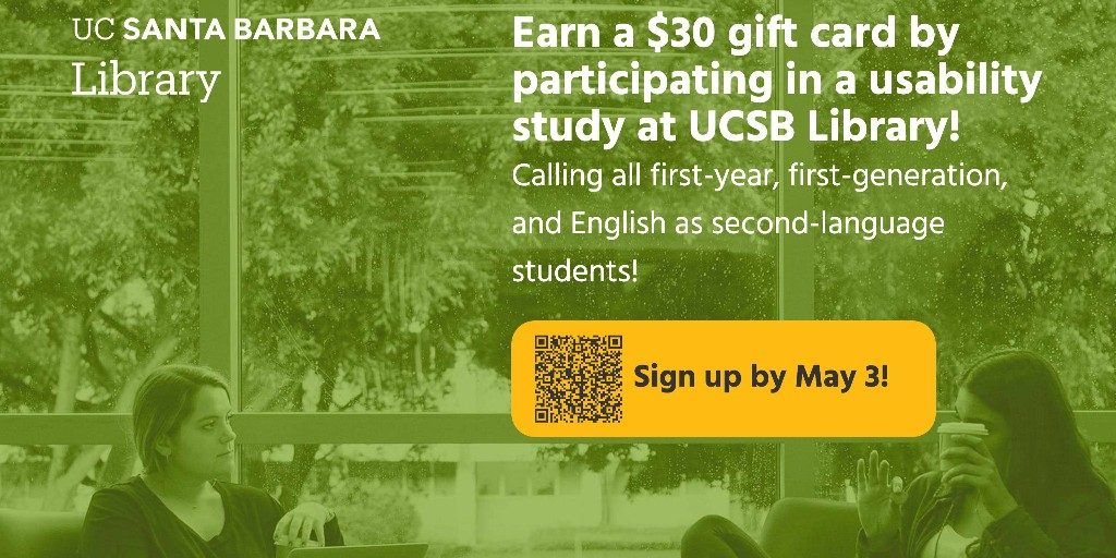 🚨 Gauchos: want to earn a $30 gift card? Participate in a one-hour usability study! Sign up by May 3: docs.google.com/forms/d/e/1FAI… #UCSBLibrary #UCSB