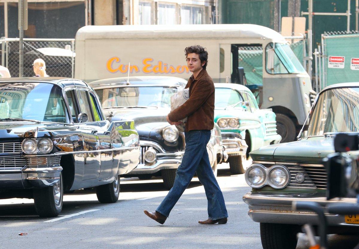 Timothée Chalamet is photographed filming the Bob Dylan biopic 'A Complete Unknown' in Newark, New Jersey.