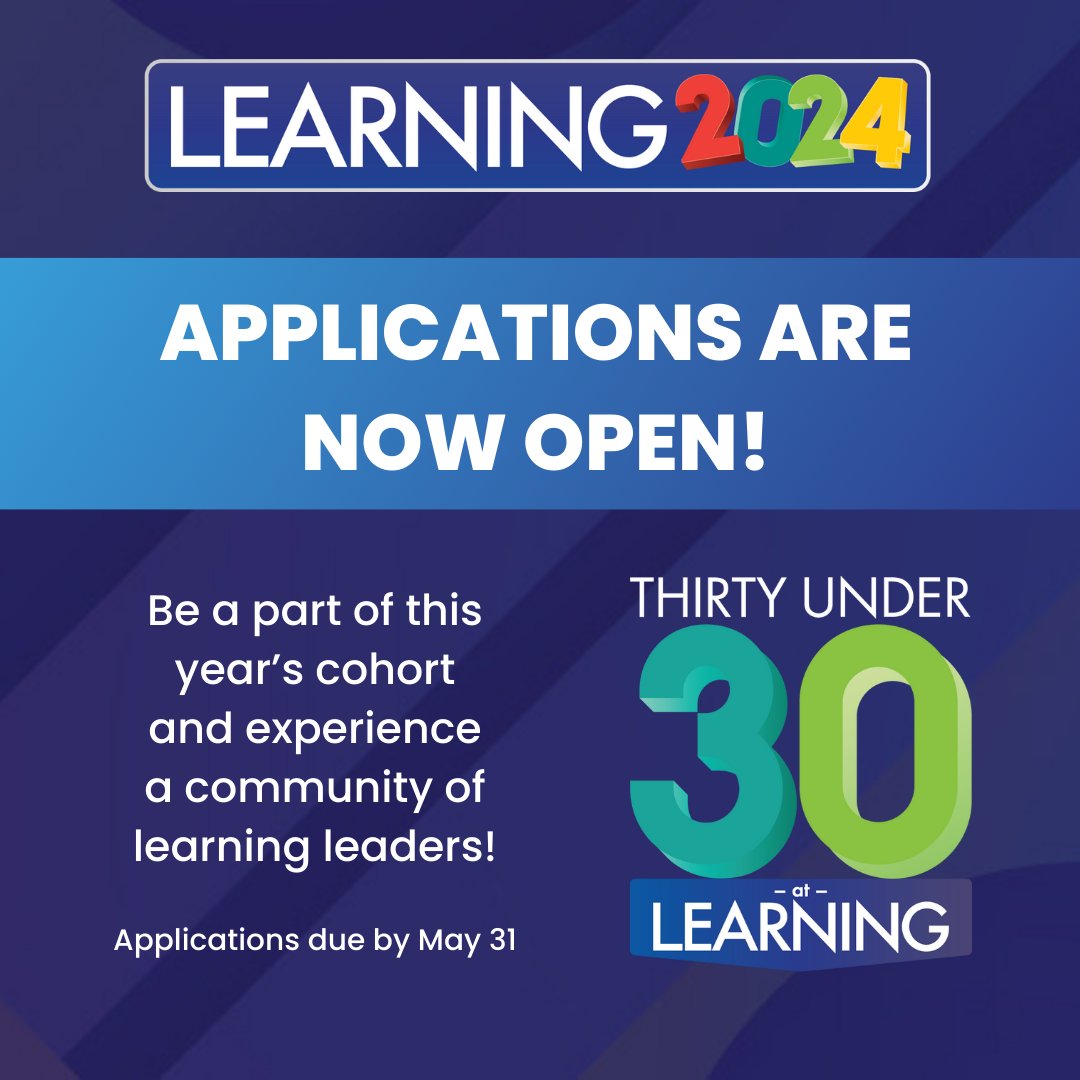 Are you ready for #Learning2024? 🤩 We're gearing up by opening up #30under30 applications! 30 under 30 is a program that was created to celebrate young learning leaders. Join the program and join a community of like-minded leaders! Apply here: bit.ly/49Tx9UU
