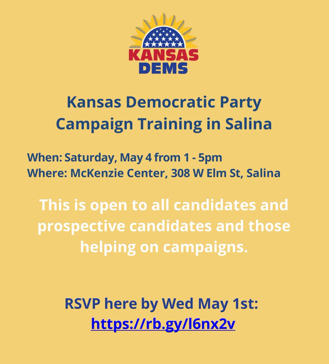 Don't forget - our Our next campaign training event is in Salina this Sat May 4th! Find full info and RSVP to join us: rb.gy/l6nx2v