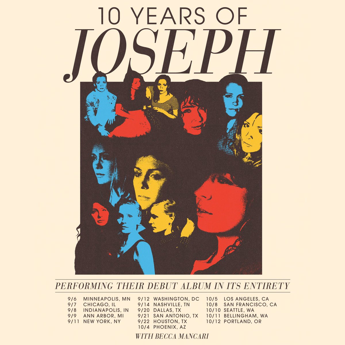 It’s been a decade. ❤️ Wow. To celebrate, we have a VERY special tour planned. We’ll be playing through the entirety of our first album and of course favorites throughout the rest of the records. Tickets go on-sale Friday, May 3rd at 10am local: thebandjoseph.com/shows