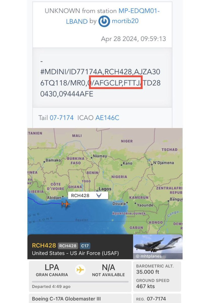 🇹🇩🇺🇸Un avión C-17A de la USAF llegó a #Yamena y otro está de camino tras pasar por Las Palmas. Aparentemente #EEUU estaría retirando 75 efectivos de las fuerzas especiales estadounidenses desplegadas en #Chad. 🔗Fabsenbln ▫️@ENTRE_GUERRAS▫️