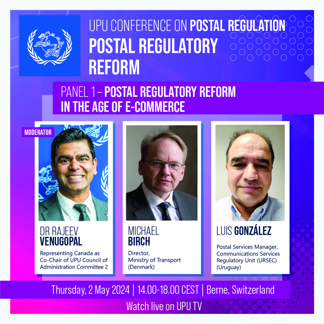 Panel 1 of the UPU Conference on #PostalRegulation this Thursday will explore how postal regulatory frameworks can be adapted to match the needs of the #DigitalEconomy.

🗣W/ @TRM_dk🇩🇰@Ursec_oficial🇺🇾@canadapostcorp🇨🇦

📆2 May, 14h CEST
💻LIVE on UPU TV
👉bit.ly/3Jy0ppx