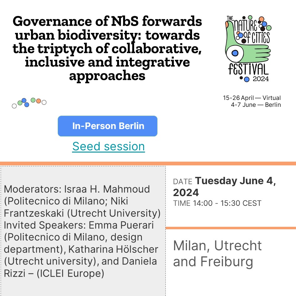 PSST! SAVE THE DATE - Tuesday, June 4 • 14:00 - 15:30 Coming up next with amazing ladies Emma Puerari, Daniela Rizzi, Katharina Hölscher & @NFrantzeskaki A session on #Governance of #naturebasedsolutions & #urban #biodiversity come find us @TNatureOfCities Festival in Berlin