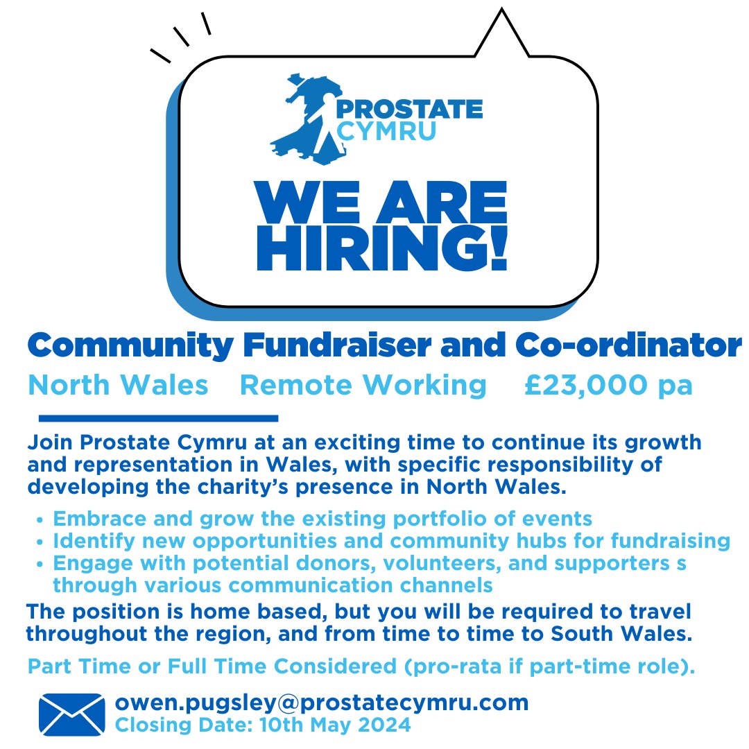 📢We are hiring! 🔵Community Fundraiser and Co-Ordinator 🏴󠁧󠁢󠁷󠁬󠁳󠁿North Wales based position 💵£23k pa if Full Time Deadline: 🗓️10th May Find out more here ⬇️ linkedin.com/jobs/view/3904… Join us and help #savethemalesinwales🏴󠁧󠁢󠁷󠁬󠁳󠁿💙