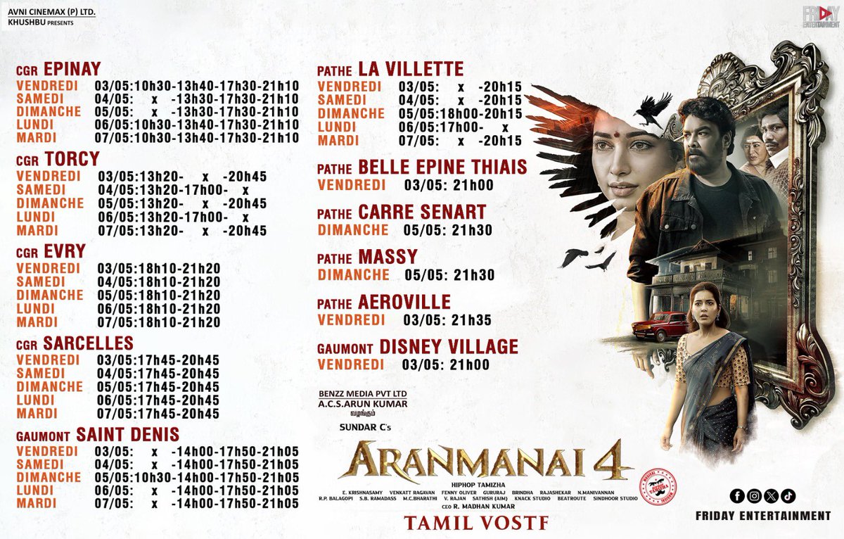 Witness the brother's relentless pursuit of the truth🪦🌀

#Aranmanai4🏚 will keep you gripped with its chilling horror and mysteries🦇⚡️

Are you prepared in #France 🇫🇷💀

#Aranmanai4FromMay3

A #SundarC Entertainer
A @hiphoptamizha musical🎶