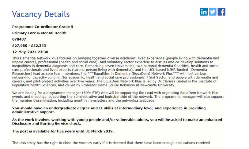 Programme Coordinator Job opportunity (Grade 5) for the EquaDem Network Plus! 🌟 Support ground-breaking work in dementia care .🗓️ Deadline: 12-May-2024 23:30. 💼Apply now! tinyurl.com/bdfsb84j #JobOpening #ProgrammeCoordinator #DementiaCare