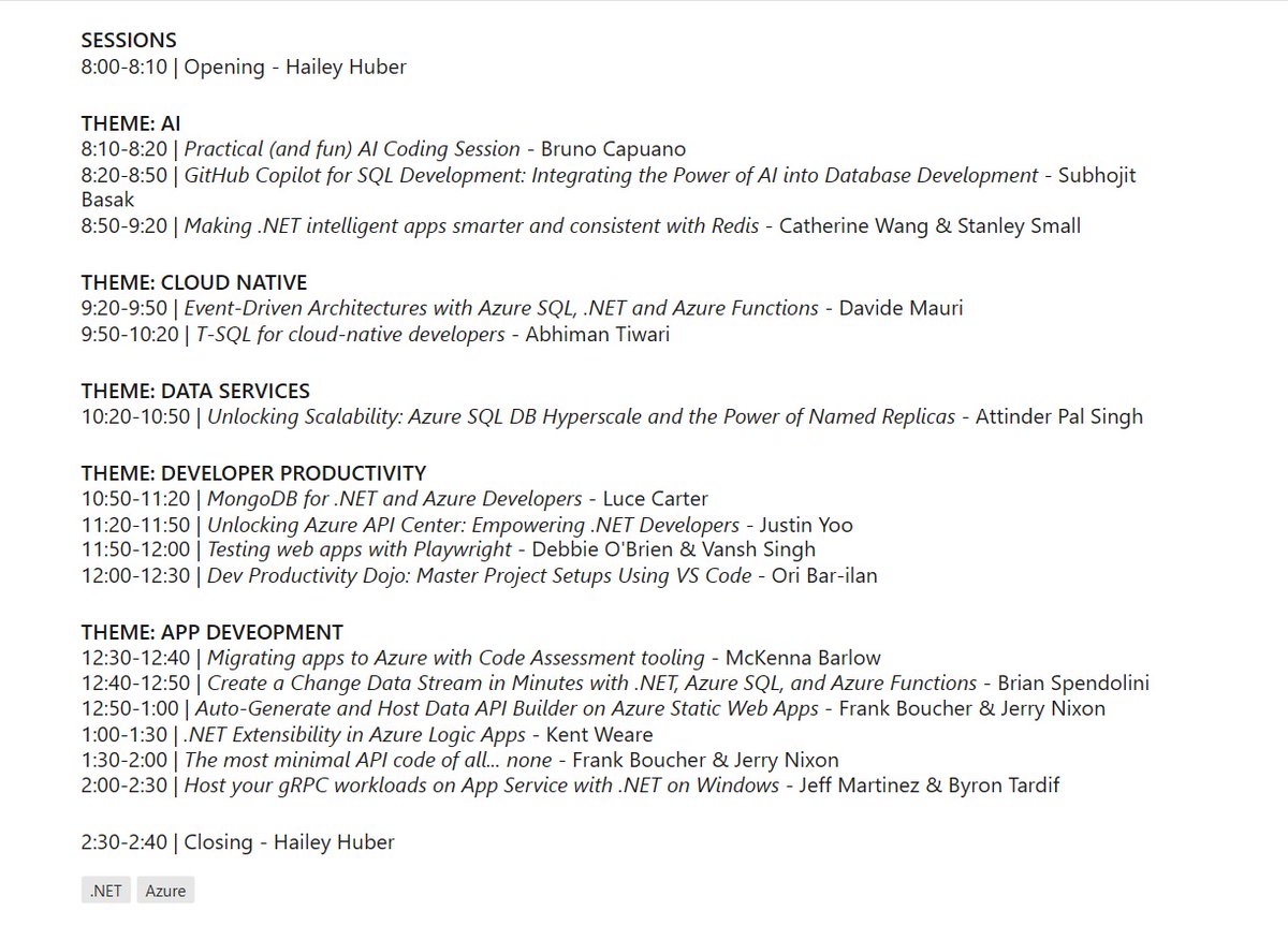 japhletnwamu's tweet image. Azure Developers . NET Day is live.
Here's what the agenda for the day looks like 👇🏿
Join us live: aka.ms/azuredeveloper…
#AzureDevelopers #DotNetDay