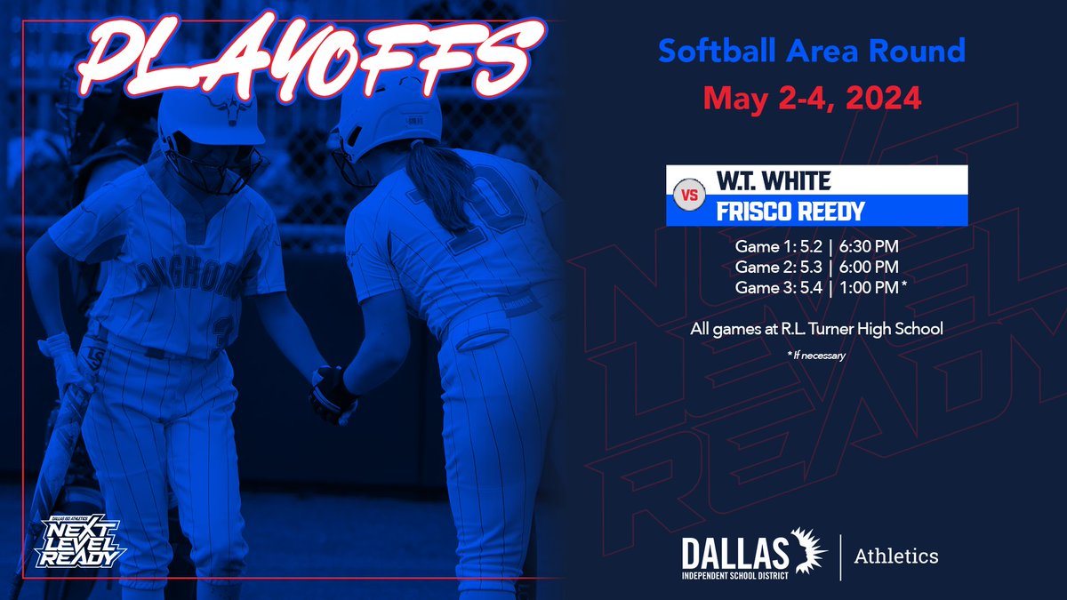 Good luck to W.T. White softball in the area round of the UIL playoffs. The Longhorns will play a best-of-three series against Frisco Reedy. All games at R.L. Turner HS. #NextLevelReady