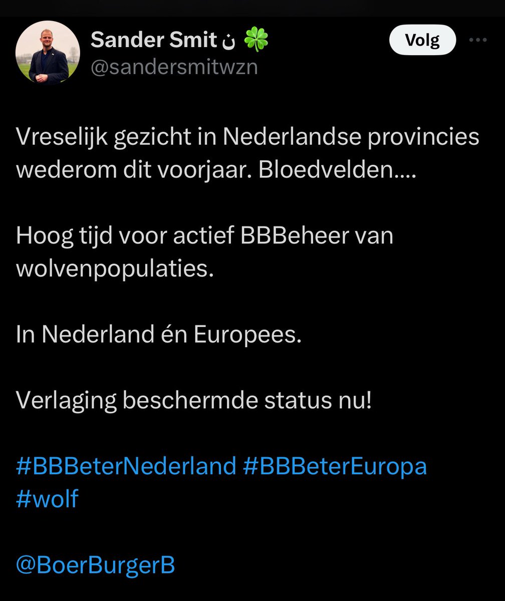 Als BBB actief BBBeheer voorstelt hoor je op de achtergrond al het geluid van doorgeladen jachtgeweren. BBBloedvelden onstaan omdat BBBoeren hun schapen niet BBBeschermen. Stop de compensatie voor schapen die niet goed beschermd staan en het probleem lost zichzelf op in no time.