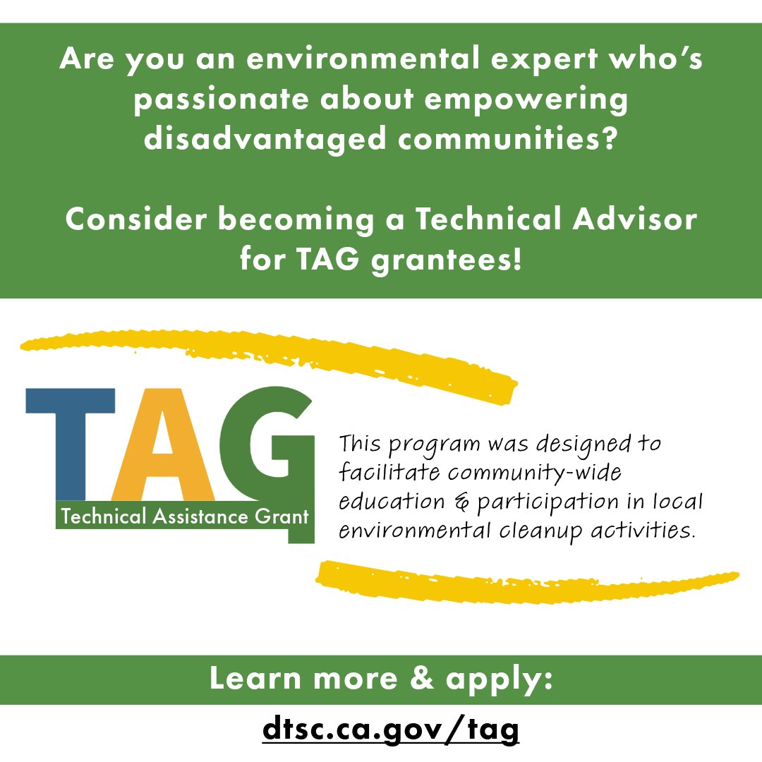 #DTSC's #TAG grants provide disadvantaged communities w/ funding to hire & direct independent Technical Advisors. Are you a knowledgeable environmental enthusiast up for the job? Apply here: conta.cc/3Ue0Aws #EnvironmentalScientist #EnvironmentalEngineer #ecotoxicology