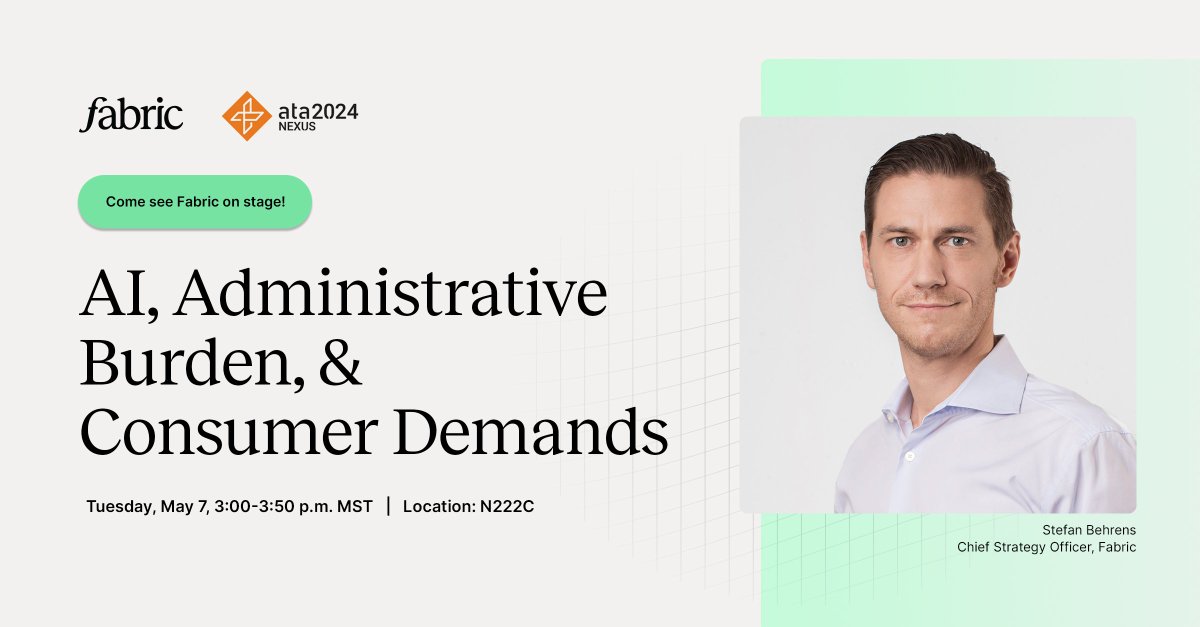 At Fabric, we leverage AI to create clinical capacity while improving your patient experience. Fabric’s Chief Strategy Officer, Stefan Behrens, will be answering your top questions about AI in healthcare at #ATANexus.

Learn more: hubs.ly/Q02vy73W0