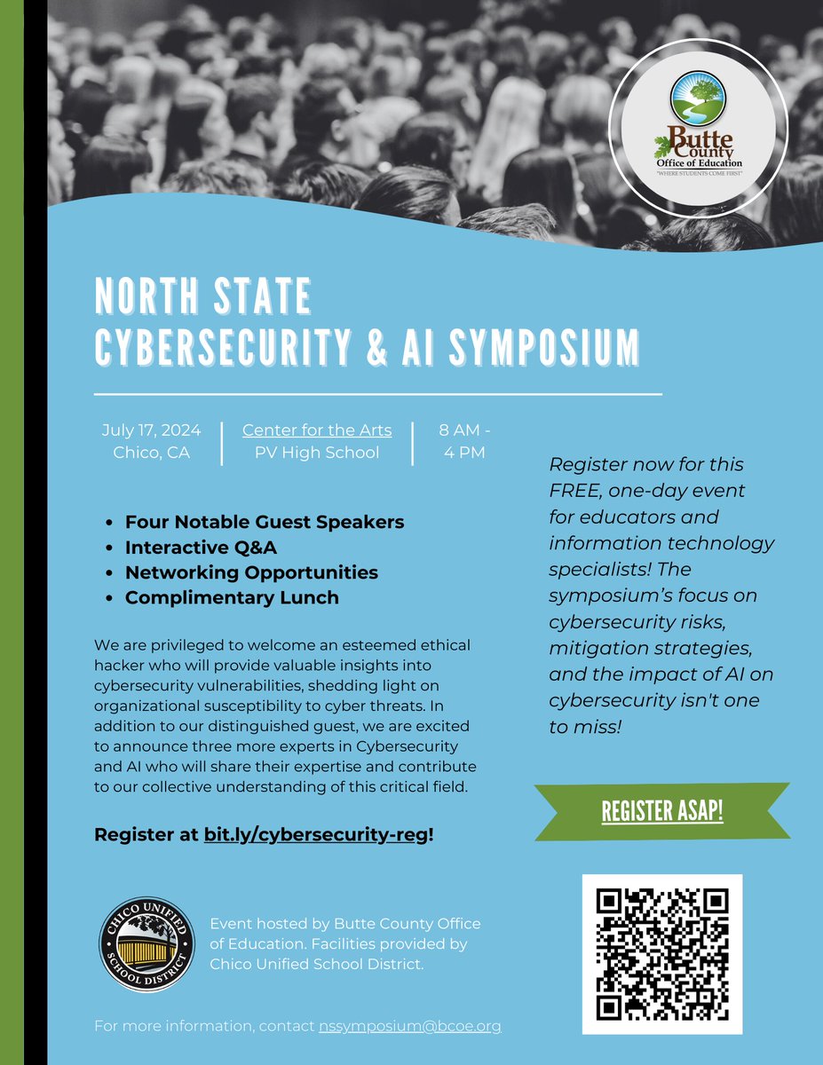 On July 17th, #ButteCOE's IT Department will host the first North State Cybersecurity & AI Symposium in Chico! This one-day event will include four dynamic speakers, an interactive Q&A, networking opportunities, and a complimentary lunch. bit.ly/cybersecurity-… ⭐