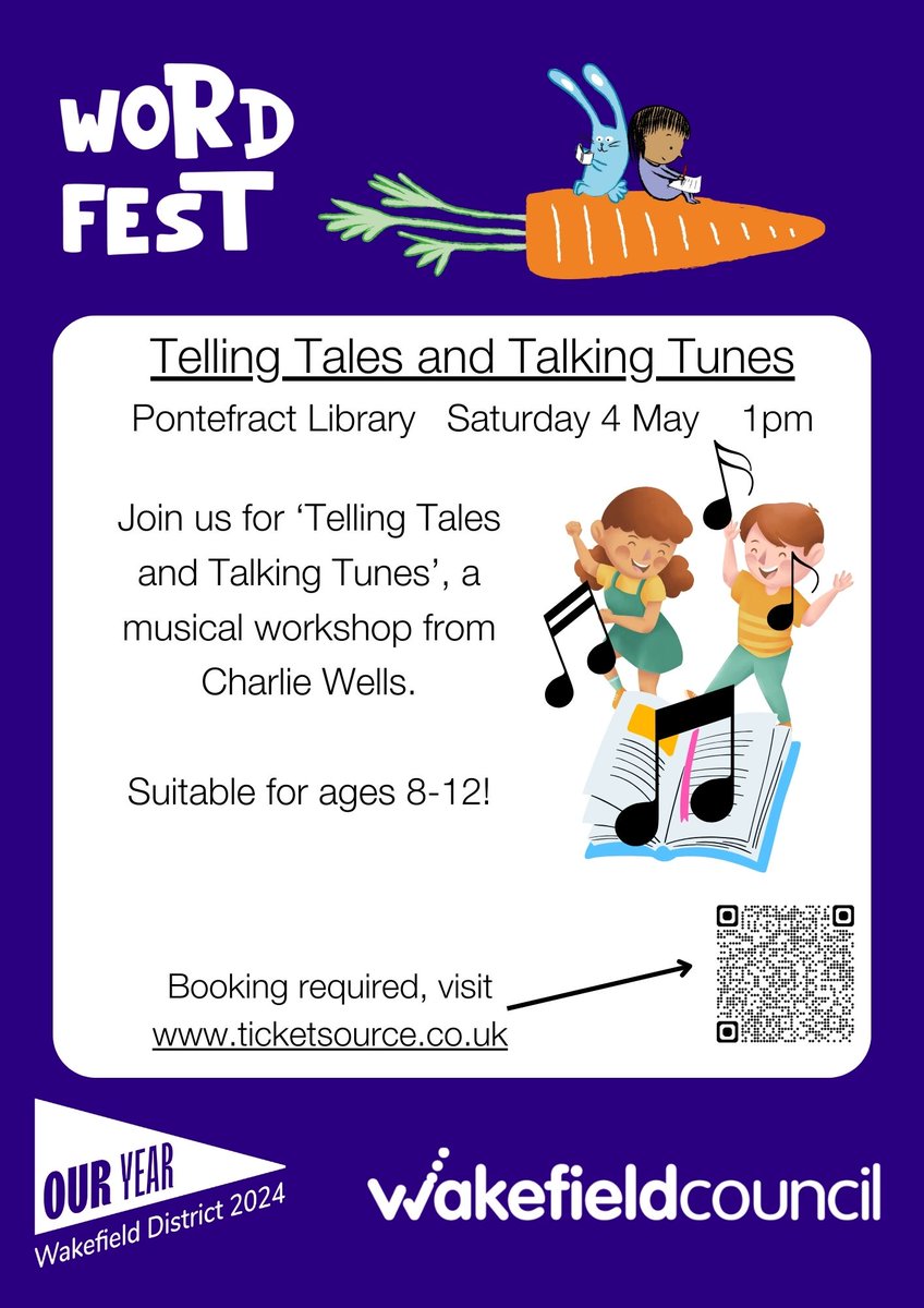 WFlibraries's tweet image. 🎶Join us for ‘Telling Tales and Talking Tunes’, a musical workshop from Charlie Wells, this Saturday at #PontefractLibrary

📅Sat 4 May ⏰1pm 📍Pontefract Library

Booking required, visit ticketsource.co.uk/whats-on/ponte…

@pontecastle @pontefractreads