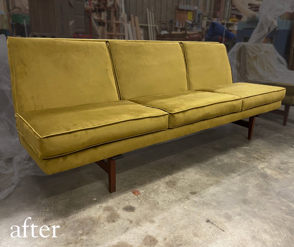 What an upgrade!  And boy did the client choose the best fabric possible for this piece!✨💚

#mumfordrestoration #furniturerestoration #furniturereupholstery #mcmsofa #familybusiness #northcarolina #raleighnc
