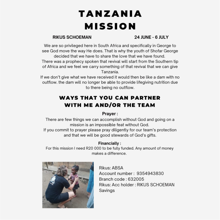 Please help our team members with their outreach.  Every R50 can make God's work possible.

ghsza.com
Contact us
084 524 8852
admin@ghsza.com

#SpreadTheGospel #TanzaniaOutreach #ShareTheWord #HopeAndSalvation #TransformLives #GiveBack #MakeADifference