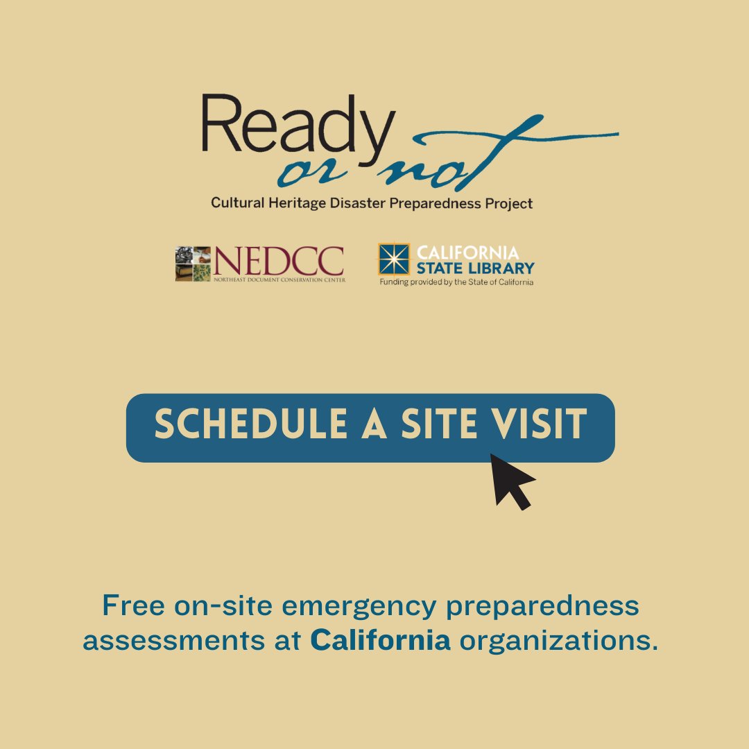 Funded by the @castatelibrary, the #ReadyOrNotCA project conducts free on-site #emergencypreparedness assessments at California organizations that care for cultural and historic resources. Schedule online at forms.gle/RugQcS2u4gssFW….