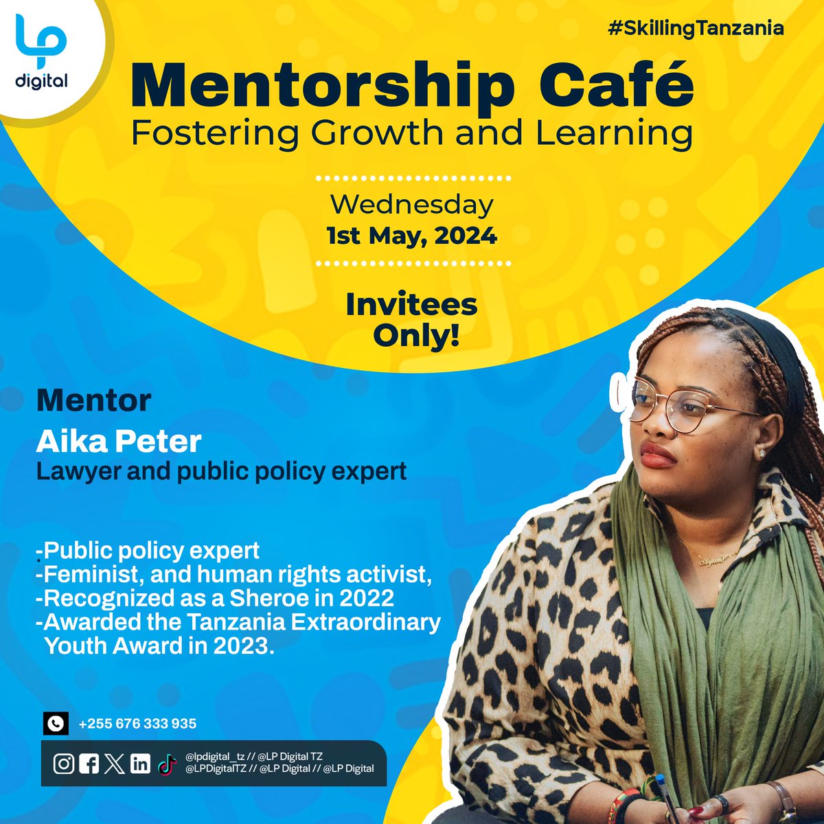 Explore the realms of law, public policy, and activism with Aika Peter, a powerhouse lawyer and human rights champion. 

Gain insights into feminist perspectives and groundbreaking policies, seizing the opportunity to learn from a true Sheroe. #MentorshipCafe #MitandaoNaSisi…