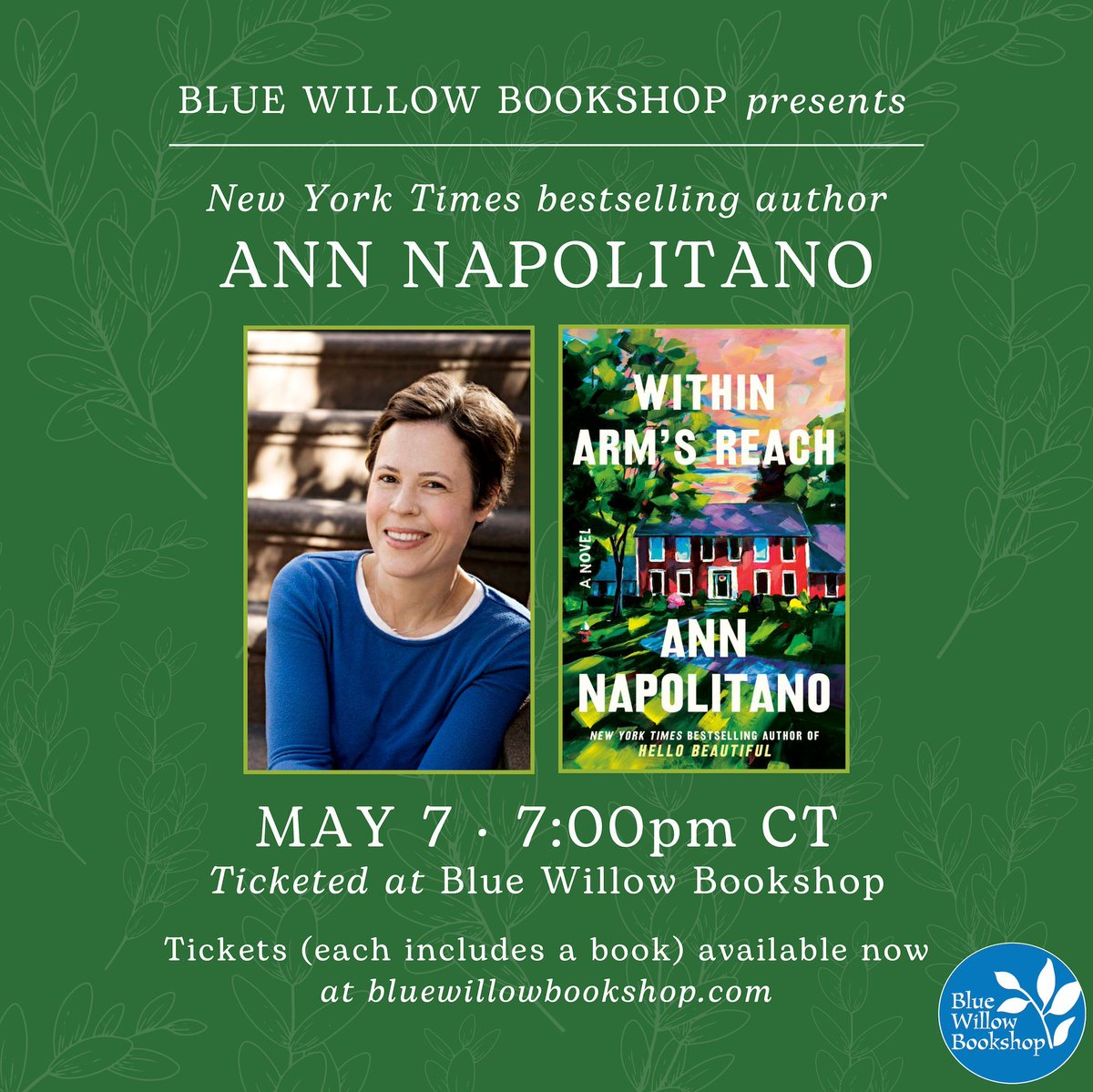 Next week, we're thrilled to welcome staff favorite and New York Times bestselling author @napolitanoann (HELLO BEAUTIFUL) to the bookshop! Get your tickets now to join us to celebrate the paperback release of her novel, WITHIN ARM'S REACH: bluewillowbookshop.com/event/napolita… @randomhouse