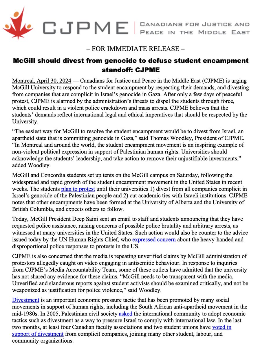 Statement: CJPME urges @mcgillu to respond to the student encampment by respecting their demands, and divesting from companies that are complicit in Israel’s genocide in Gaza. cjpme.org/pr_2024_04_30_…