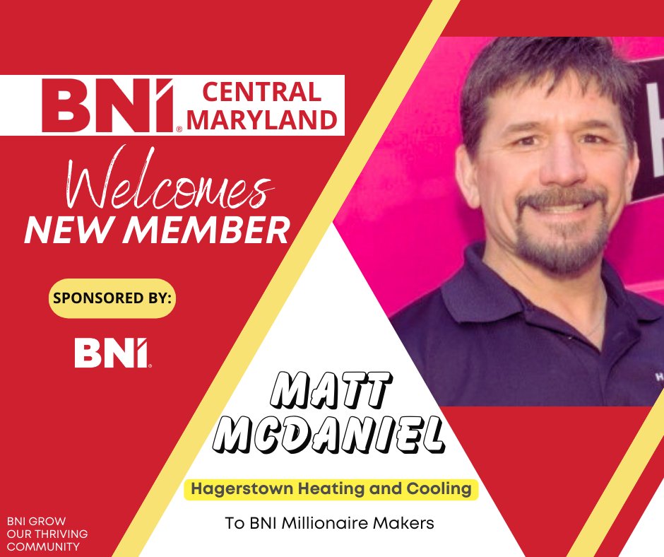 Huge congrats to BNI Millionaire Makers on their incredible addition of Matt McDaniel from Hagerstown Heating and Cooling! 
#BNICentralMD #BNIwelcomes #newmember #bnigrowourthrivingcommunity