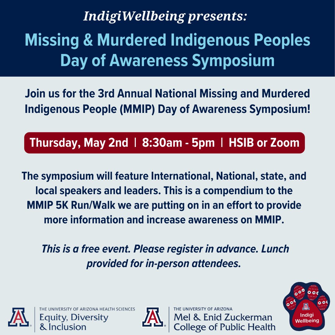 Join us for the Missing & Murdered Indigenous Peoples (MMIP) Symposium! The Symposium will feature local leaders to raise awareness for MMIP this Thursday, April 2.  #MMIP #IndigiWellbeing #NativeHealth #IndigenousHealth 

Learn more and register: bit.ly/4aHfO2R