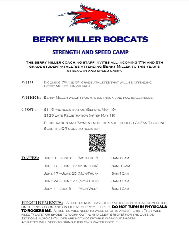 🏈🏀Bobcat Boys (incoming 7th & 8th grade) student athletes are invited to make themselves better by attending the Bobcat Strength & Speed camp. Register by May 19 for the lower price. Register & payment through GoFan Ticketing.❤️💙🐾🏋️‍♂️#Believe #WeAreMiller #BuildPearlandProud