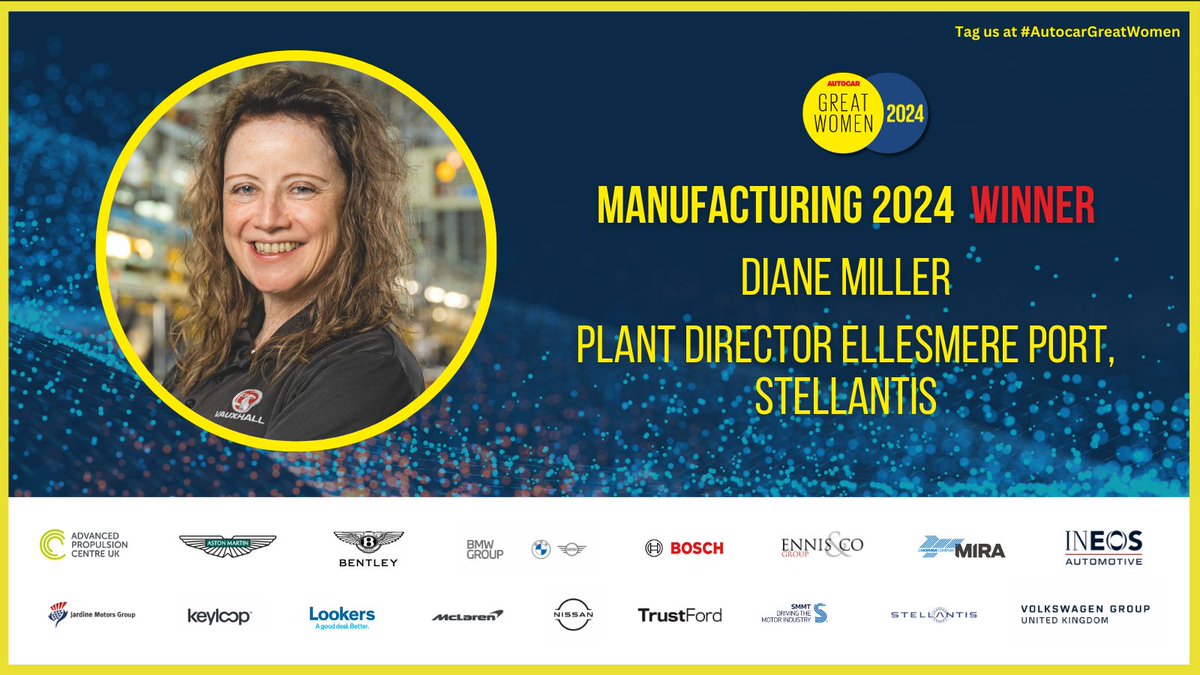 Congratulations to Diane Miller, Plant Director, Ellesmere Port at @Stellantis, who wins our Manufacturing award 👏 #AutocarGreatWomen