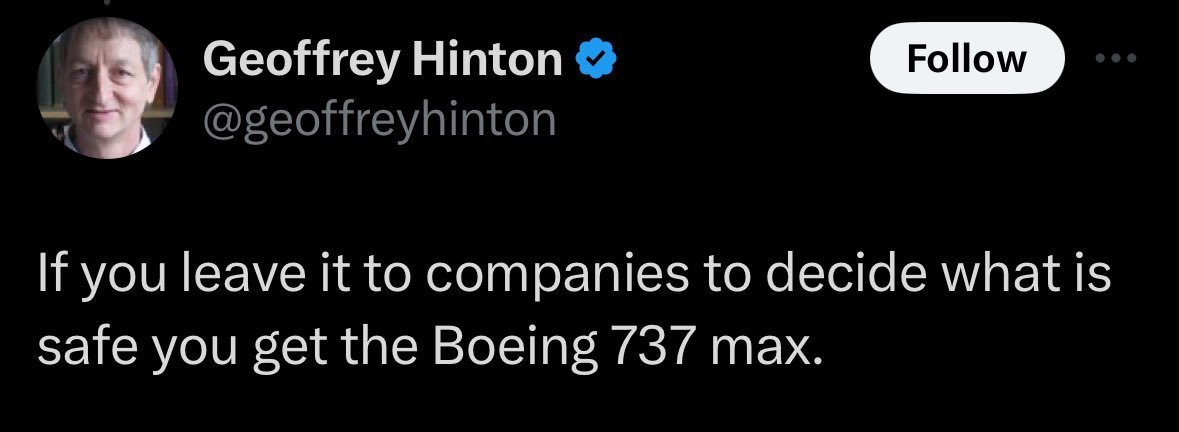 Boeing is literally the textbook case study for regulatory capture. Which is exactly where we're heading with the new AI proposed regs -- big guys stifle competition and we are left with just regulatory theater.