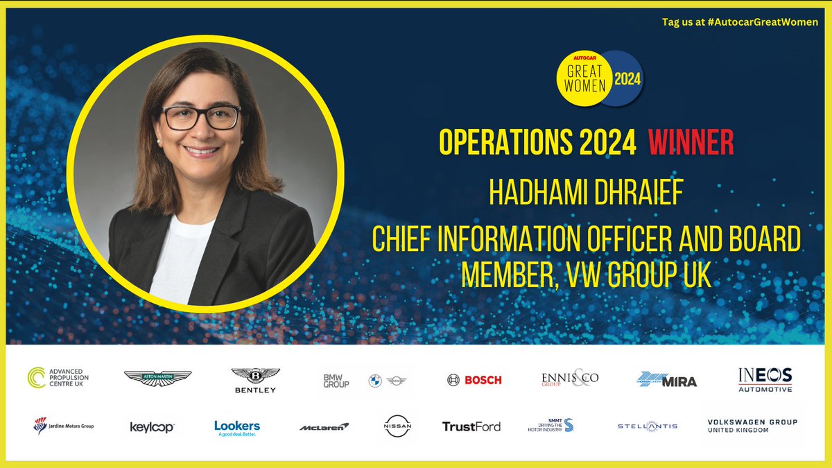 Congratulations to Hadhami Dhraief, Chief Information Officer and Board member at @VWGroup UK, who wins our Operations award 👏

#AutocarGreatWomen