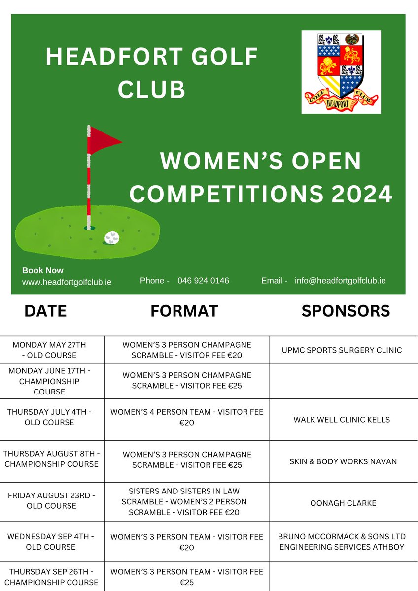 Mark your calendars📅

Please note a date change for the June event - now to be held on the 17th.

Online Booking will open from May 6th via headfortgolfclub.ie, however you are also welcome to book by calling 046-9240146.

#HeadfortGolfClub